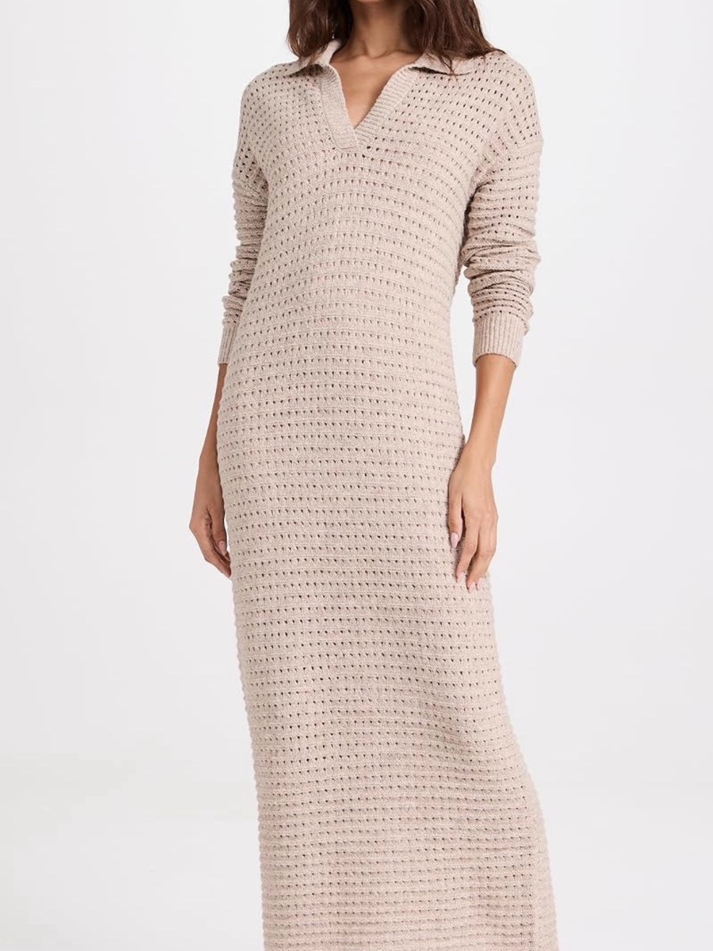 525 Pointelle Knit Collared Maxi Dress in Beige